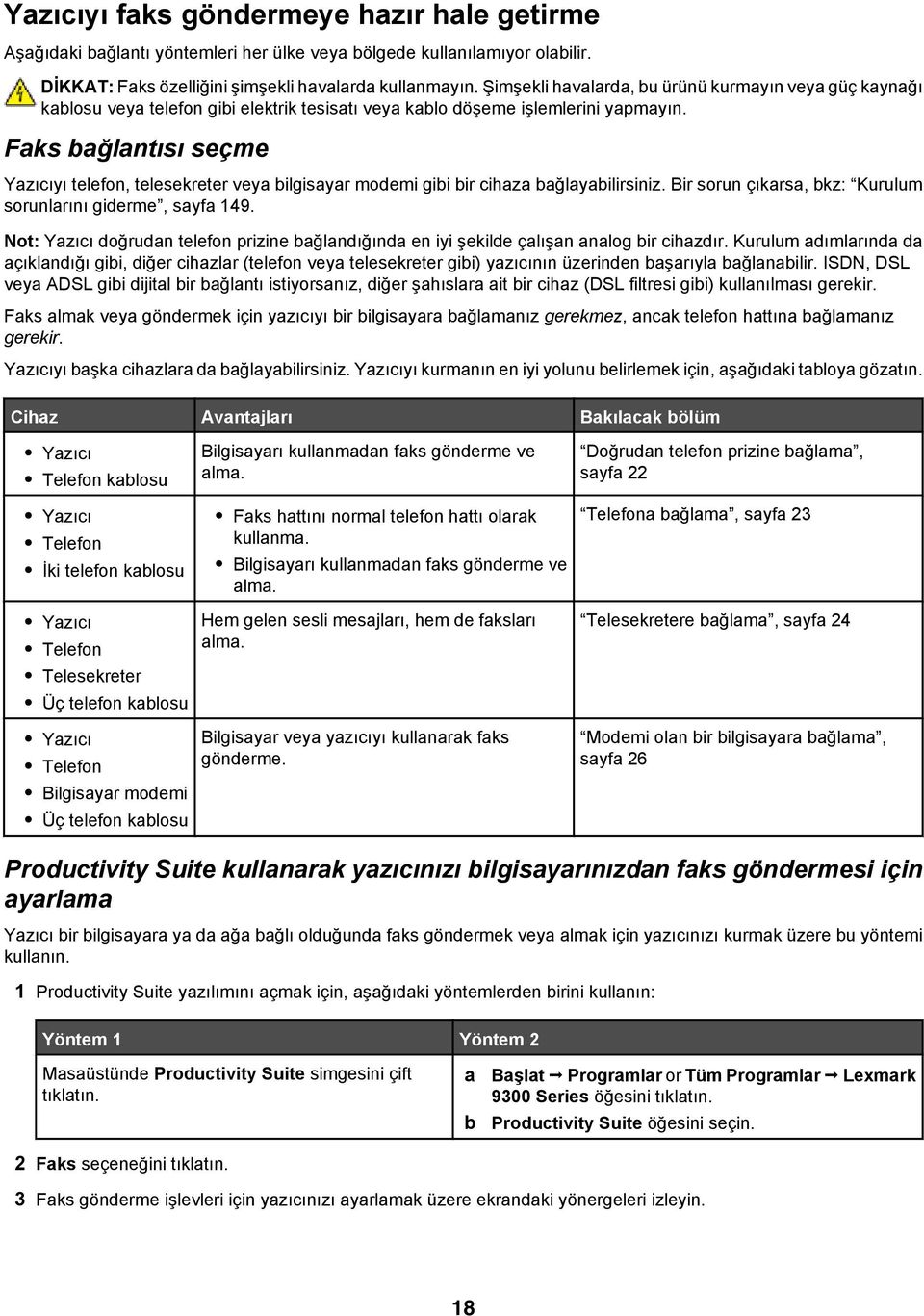 Faks bağlantısı seçme Yazıcıyı telefon, telesekreter veya bilgisayar modemi gibi bir cihaza bağlayabilirsiniz. Bir sorun çıkarsa, bkz: Kurulum sorunlarını giderme, sayfa 149.