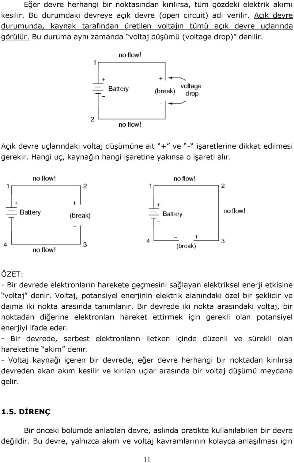 Açık devre uçlarındaki voltaj düşümüne ait + ve - işaretlerine dikkat edilmesi gerekir. Hangi uç, kaynağın hangi işaretine yakınsa o işareti alır.