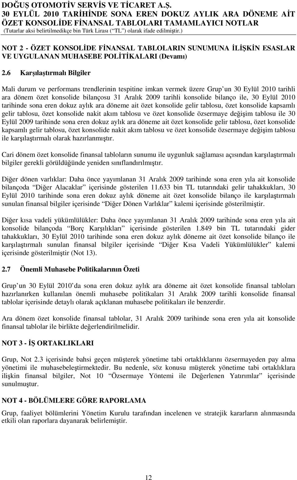 2010 tarihinde sona eren dokuz aylık ara döneme ait özet konsolide gelir tablosu, özet konsolide kapsamlı gelir tablosu, özet konsolide nakit akım tablosu ve özet konsolide özsermaye değişim tablosu