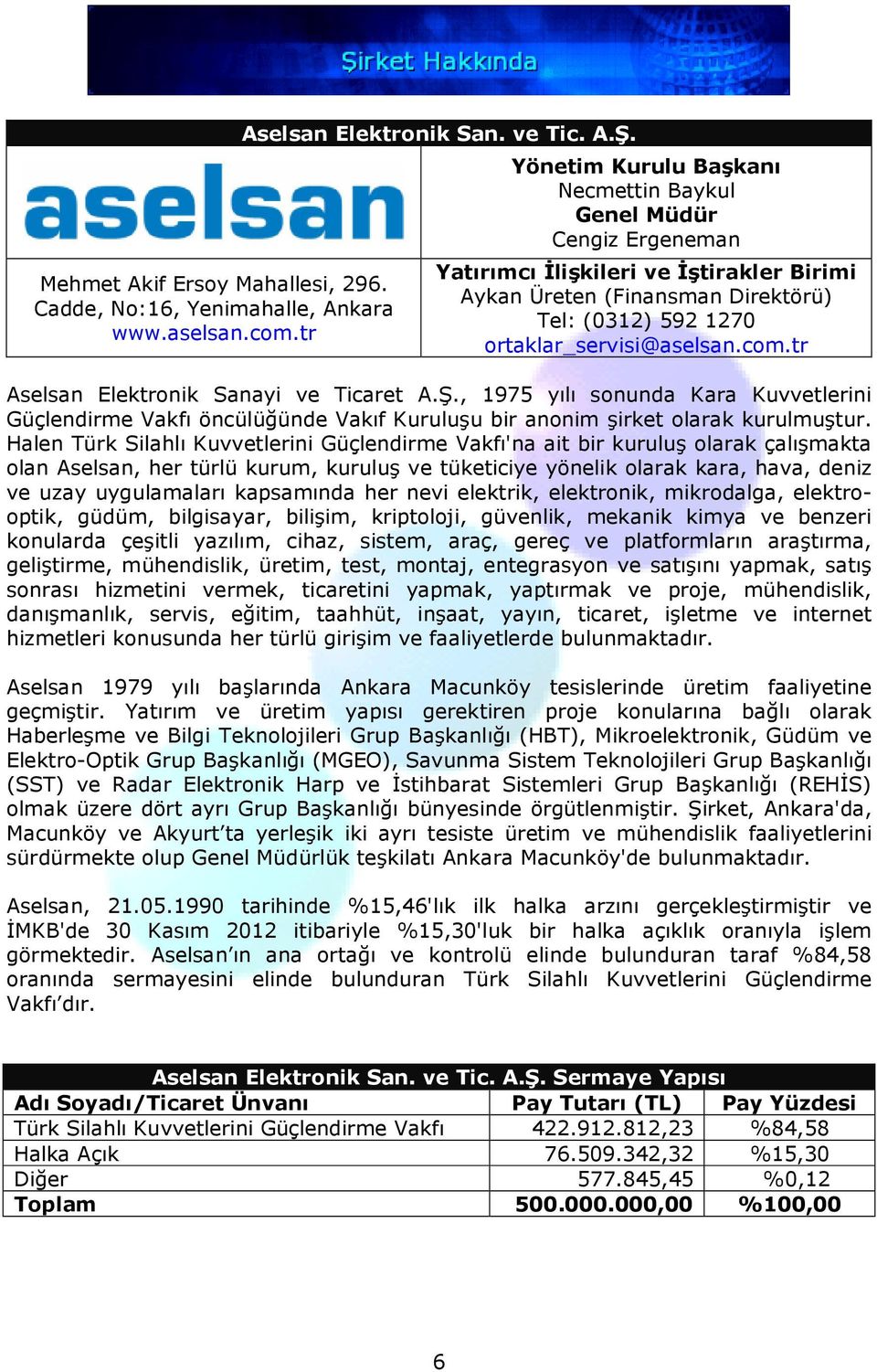 tr Aselsan Elektronik Sanayi ve Ticaret A.Ş., 1975 yılı sonunda Kara Kuvvetlerini Güçlendirme Vakfı öncülüğünde Vakıf Kuruluşu bir anonim şirket olarak kurulmuştur.