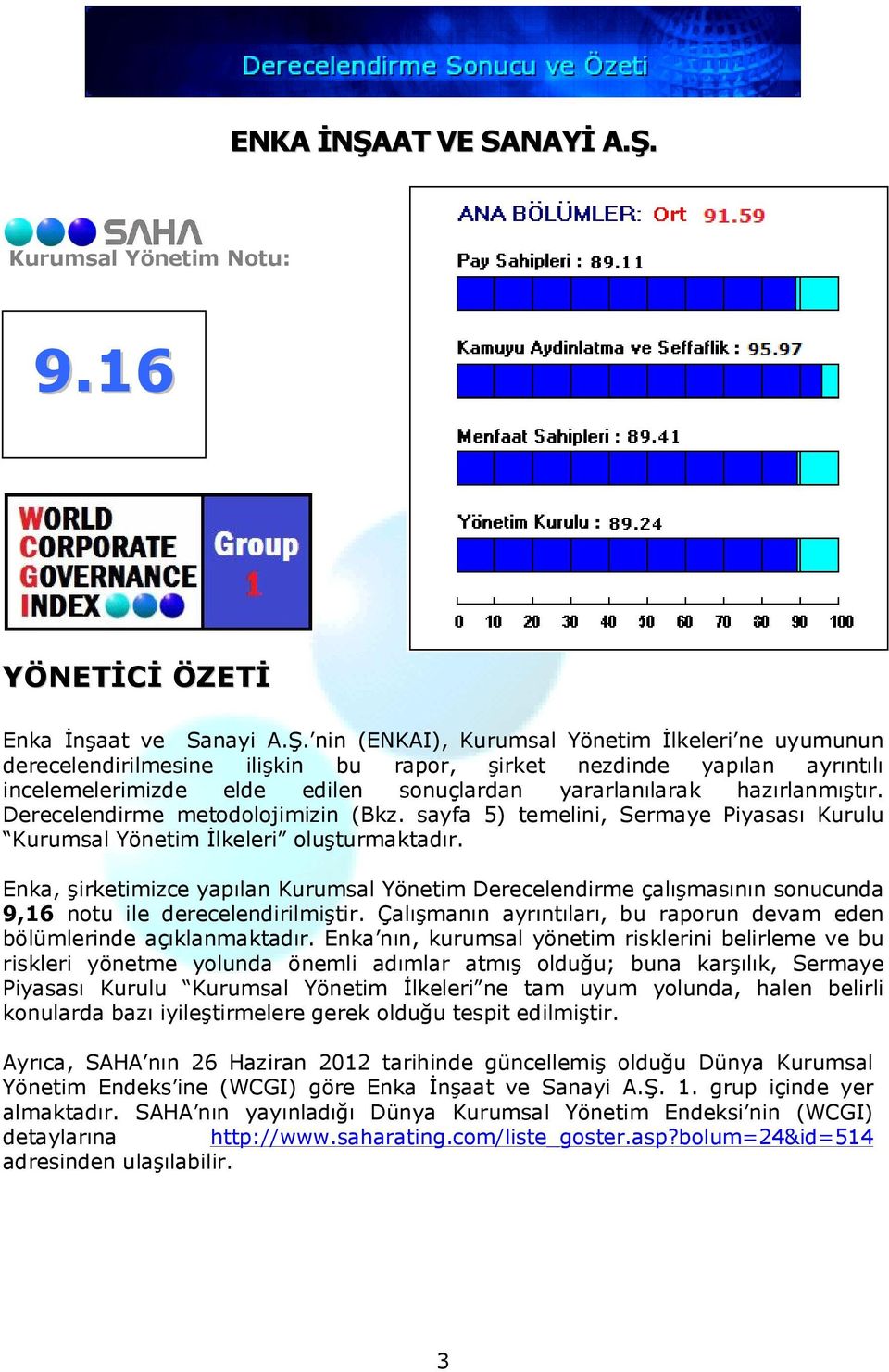 Kurumsal Yönetim Notu: 9.16 YÖNETİCİ ÖZETİ Enka İnşaat ve Sanayi A.Ş.