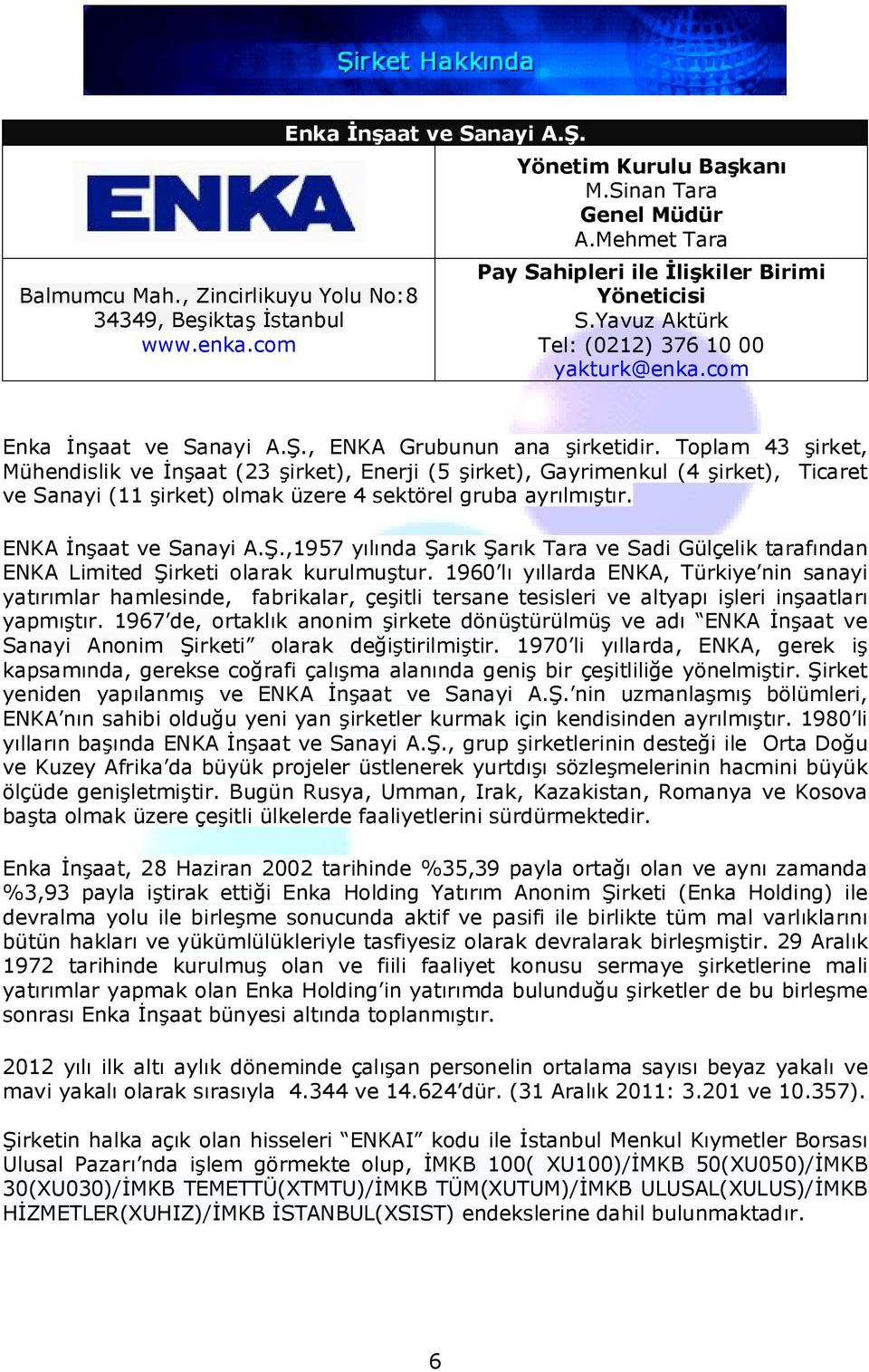 Toplam 43 şirket, Mühendislik ve İnşaat (23 şirket), Enerji (5 şirket), Gayrimenkul (4 şirket), Ticaret ve Sanayi (11 şirket) olmak üzere 4 sektörel gruba ayrılmıştır. ENKA İnşaat ve Sanayi A.Ş.