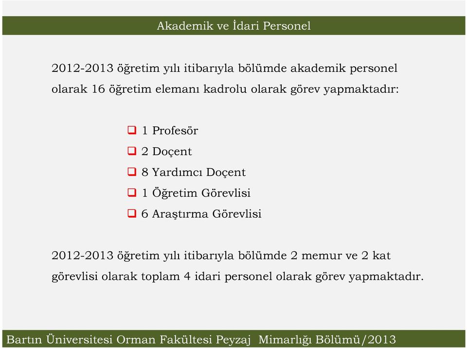 Yardımcı Doçent 1 Öğretim Görevlisi 6Araştırma Görevlisi 2012-2013 öğretim yılı