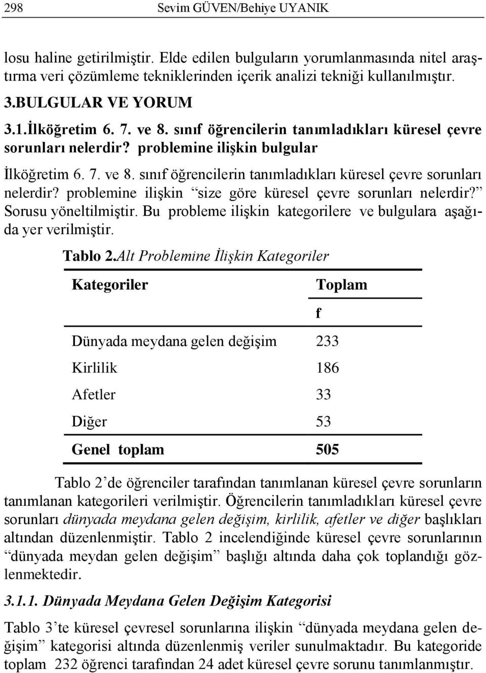 Sorusu yöneltilmiģtir. Bu probleme iliģkin kategorilere ve bulgulara aģağıda yer verilmiģtir. Tablo 2.