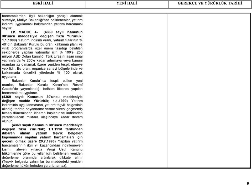 Bakanlar Kurulu bu oranı kalkınma planı ve yıllık programlarda özel önem taşıdığı belirtilen sektörlerde yapılan yatırımlar için % 100'e, 250 milyon ABD Doları karşılığı Türk Lirasını aşan sınai