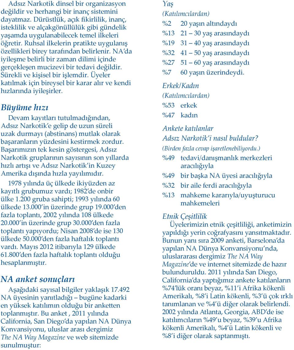 Ruhsal ilkelerin pratikte uygulanış özellikleri birey tarafından belirlenir. NA da iyileşme belirli bir zaman dilimi içinde gerçekleşen mucizevi bir tedavi değildir. Sürekli ve kişisel bir işlemdir.