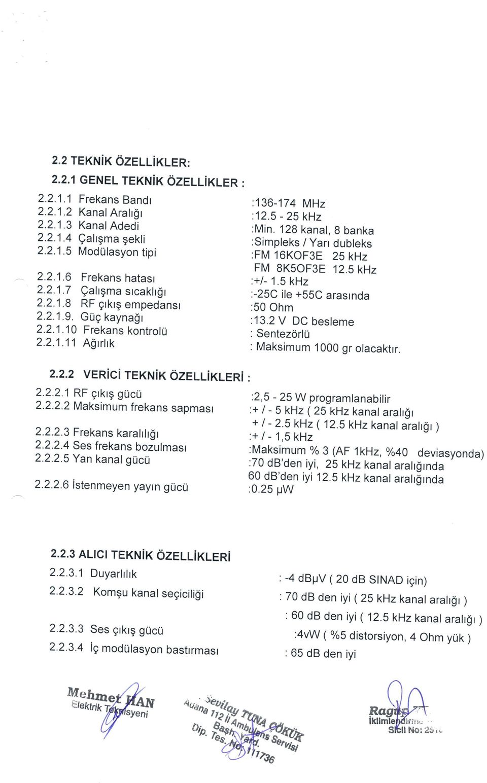 128 kanal, 8 banka :Simpleks I Yan dublel<s :FM 16KOF3E 23 kh,z FM 8K5OF3E 12,5 KHZ :+/- 1.5 khz :-25C ile +559 araslnda :50 Ohm :13.2V DC besleme : SentezorlU : Maksimum 1000 gr olacaktrr. 2,2.