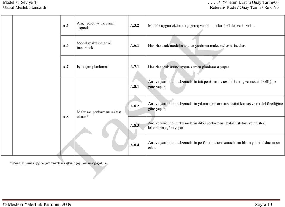 8.2 Ana ve yardımcı malzemelerin yıkama performans testini kumaş ve model özelliğine göre yapar. A.8.3 Ana ve yardımcı malzemelerin dikiş performans testini işletme ve müşteri kriterlerine göre yapar.