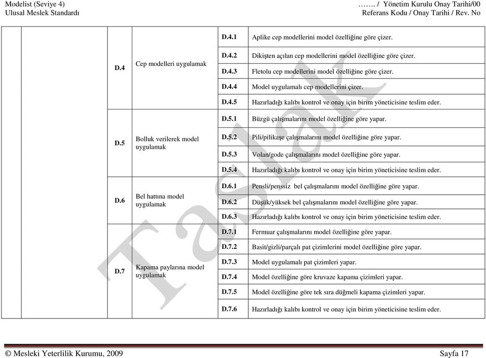 D.5 Bolluk verilerek model uygulamak D.5.2 D.5.3 Pili/pilikaşe çalışmalarını model özelliğine göre yapar. Volan/gode çalışmalarını model özelliğine göre yapar. D.5.4 Hazırladığı kalıbı kontrol ve onay için birim yöneticisine teslim eder.