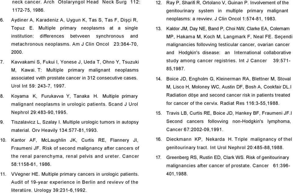 Kavvakami S, Fukui I, Yonese J, Ueda T, Ohno Y, Tsuzuki M, Kawai. T: Multiple primary malignant neoplasms associated vvith prostate cancer in 312 consecutive cases. Urol Int 59: 243-7, 1997. 8.