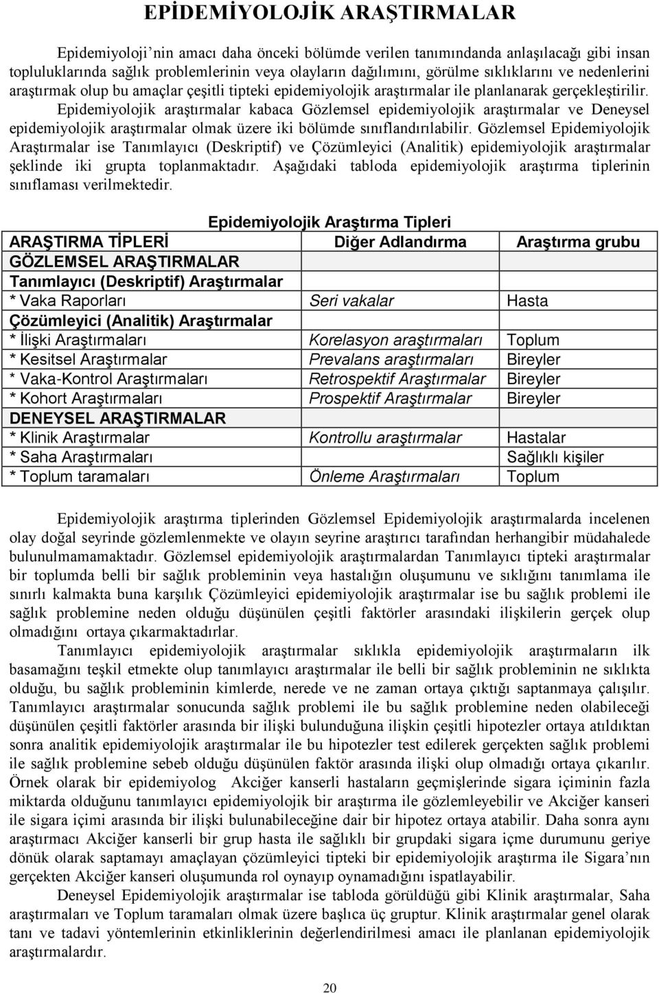 Epidemiyolojik araştırmalar kabaca Gözlemsel epidemiyolojik araştırmalar ve Deneysel epidemiyolojik araştırmalar olmak üzere iki bölümde sınıflandırılabilir.