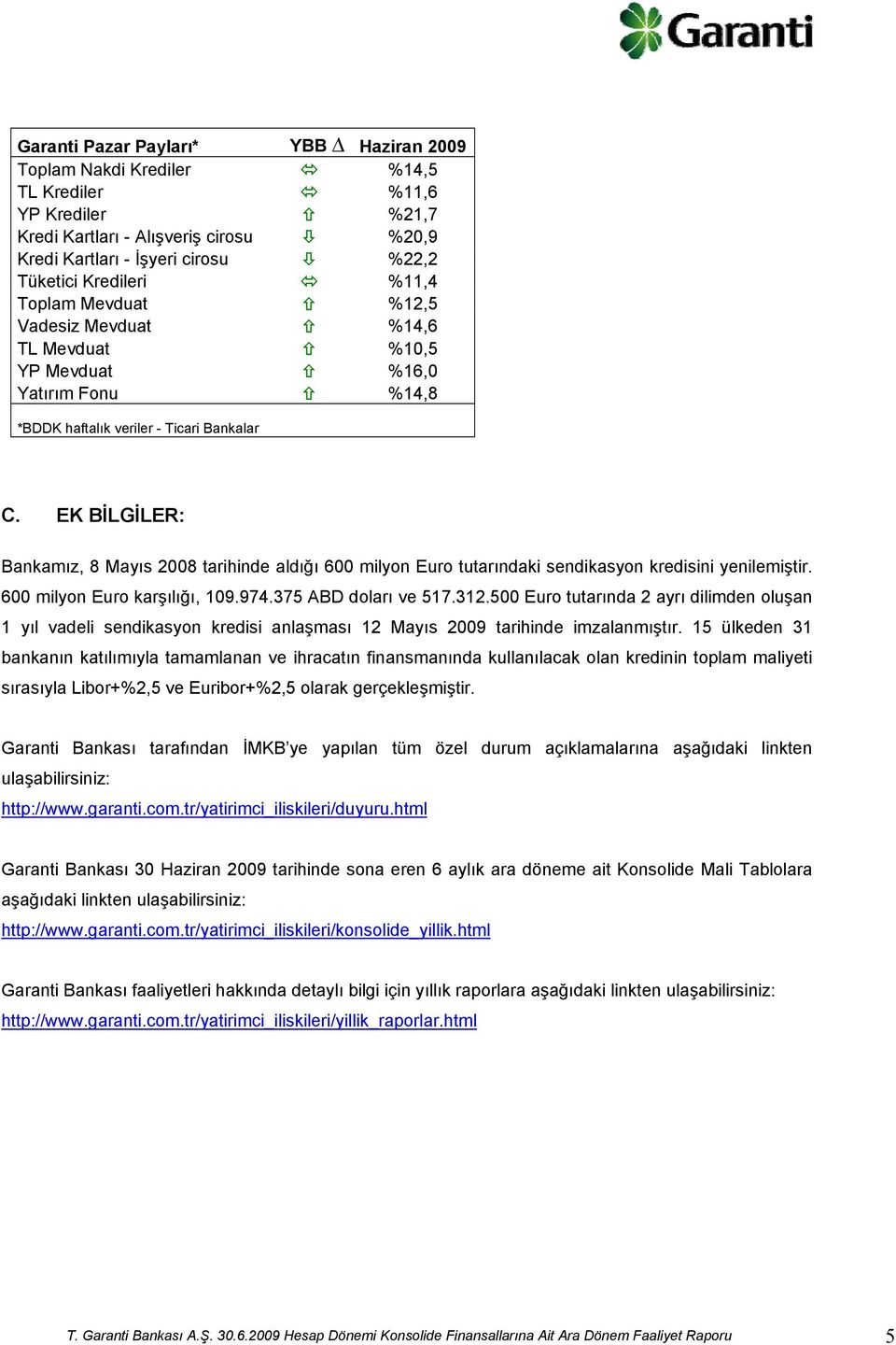 EK BİLGİLER: Bankamız, 8 Mayıs 2008 tarihinde aldığı 600 milyon Euro tutarındaki sendikasyon kredisini yenilemiştir. 600 milyon Euro karşılığı, 109.974.375 ABD doları ve 517.312.