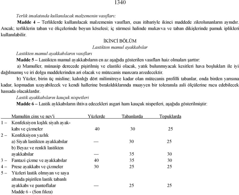 İKİNCİ BÖLÜM Lastikten mamul ayakkabılar Lastikten mamul ayakkabıların vasıfları Madde 5 Lastikten mamul ayakkabıların en az aşağıda gösterilen vasıfları haiz olmaları şarttır: a) Mamuller, münasip