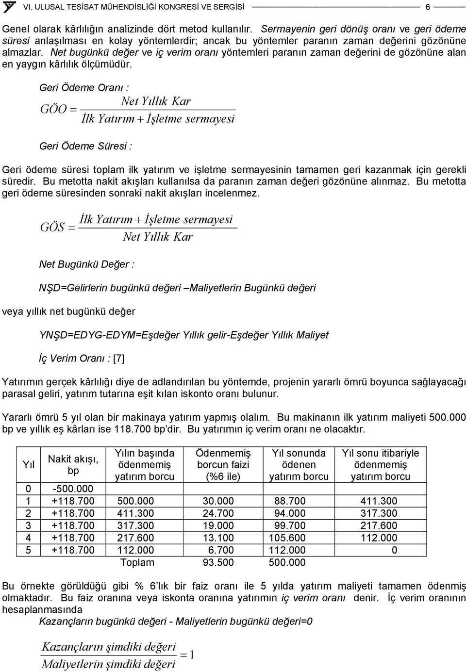 Geri Ödeme Oraı : Net Yıllık Kar GÖO İlk Yatırım + İşletme si Geri Ödeme Süresi : Geri ödeme süresi toplam ilk yatırım ve işletme sii tamame geri kazamak içi gerekli süredir.