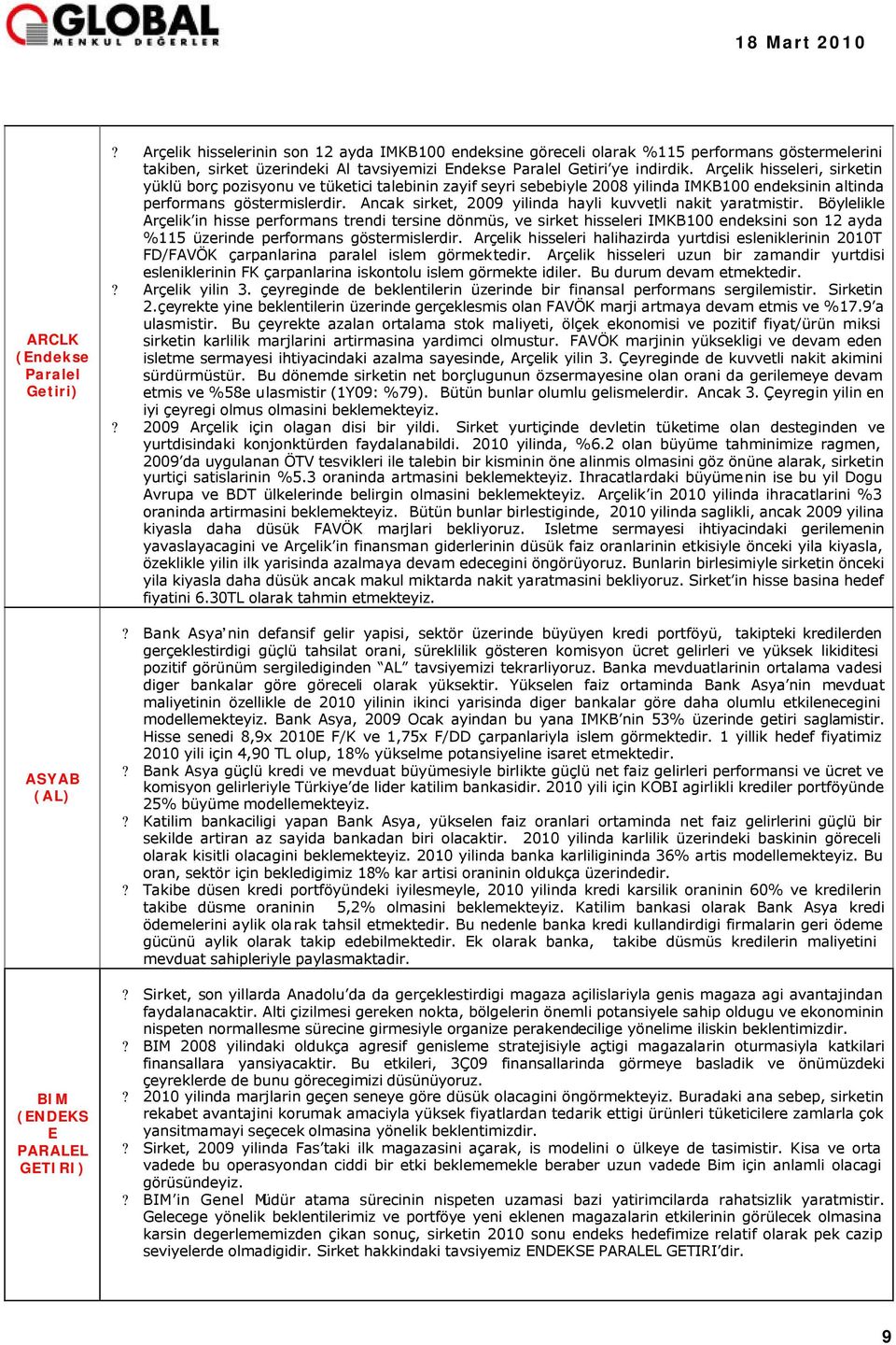 Arçelik hisseleri, sirketin yüklü borç pozisyonu ve tüketici talebinin zayif seyri sebebiyle 2008 yilinda IMKB100 endeksinin altinda performans göstermislerdir.