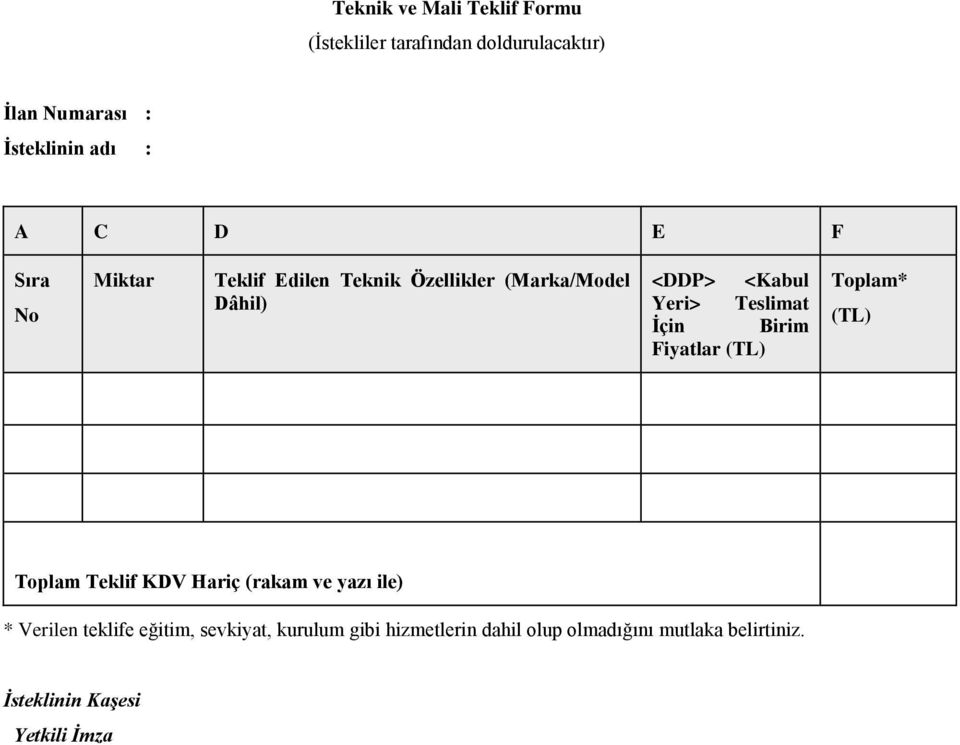 Birim Fiyatlar (TL) Toplam* (TL) Toplam Teklif KDV Hariç (rakam ve yazı ile) * Verilen teklife eğitim,
