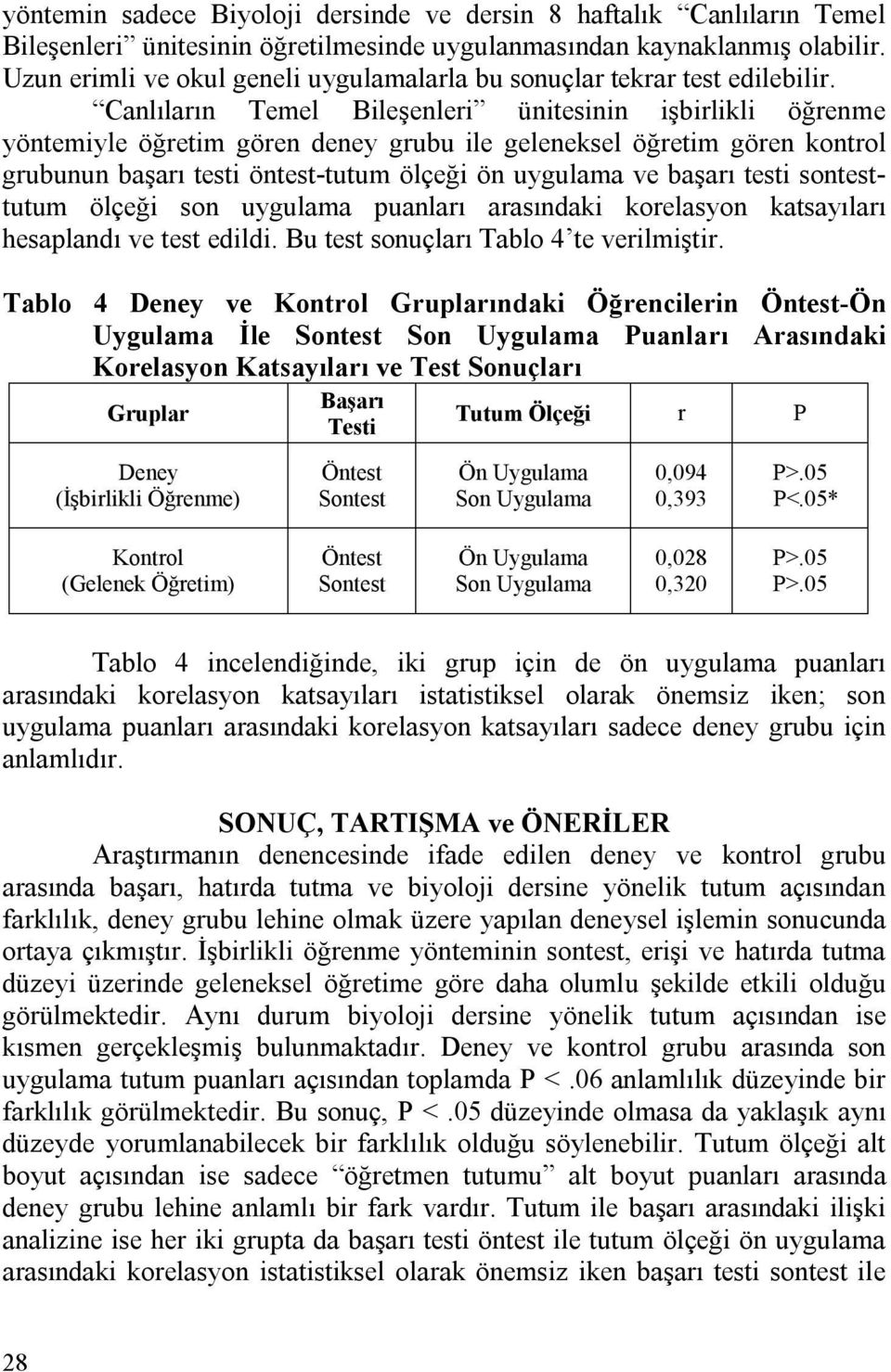 Canlıların Temel Bileşenleri ünitesinin işbirlikli öğrenme yöntemiyle öğretim gören deney grubu ile geleneksel öğretim gören kontrol grubunun başarı testi öntest-tutum ölçeği ön uygulama ve başarı