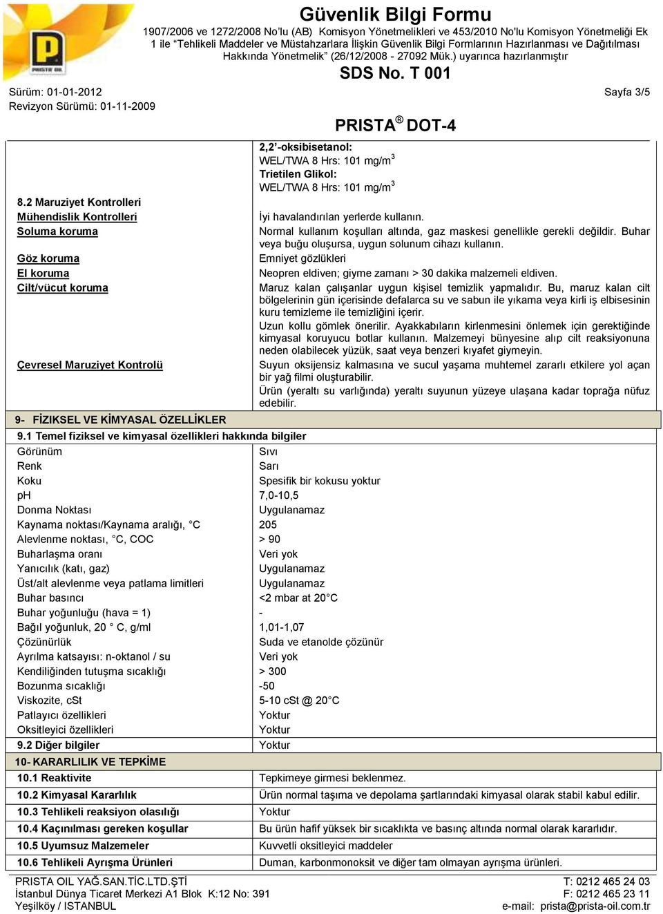 101 mg/m 3 Trietilen Glikol: WEL/TWA 8 Hrs: 101 mg/m 3 9.