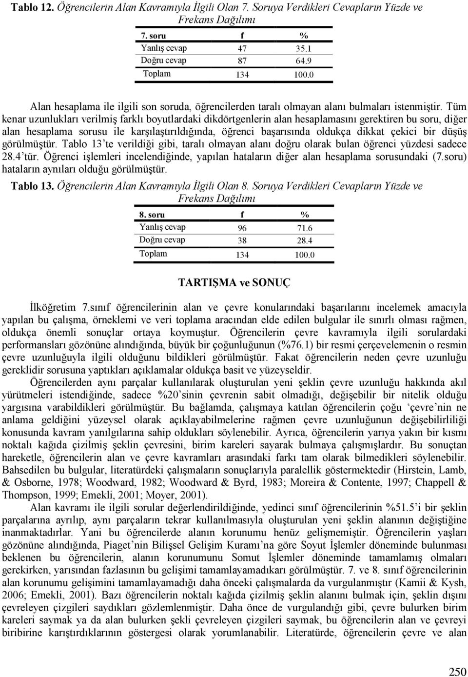 er alan hesaplama sorusu ile karnmlantmrmldm!mnda, ö!renci banarmsmnda oldukça dikkat çekici bir dünün görülmüntür. Tablo 13 te verildi!i gibi, taralm olmayan alanm do!ru olarak bulan ö!