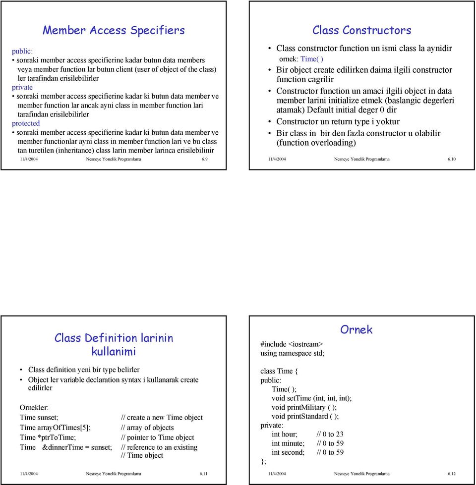 butun data member ve member functionlar ayni class in member function lari ve bu class tan turetilen (inheritance) class larin member larinca erisilebilinir 11/4/2004 Nesneye Yonelik Programlama 6.