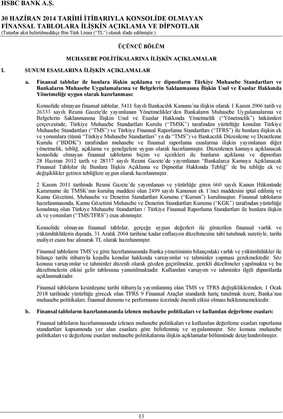 Yönetmeliğe uygun olarak hazırlanması: Konsolide olmayan finansal tablolar, 5411 Sayılı Bankacılık Kanunu na ilişkin olarak 1 Kasım 2006 tarih ve 26333 sayılı Resmi Gazete'de yayımlanan Yönetmelikler