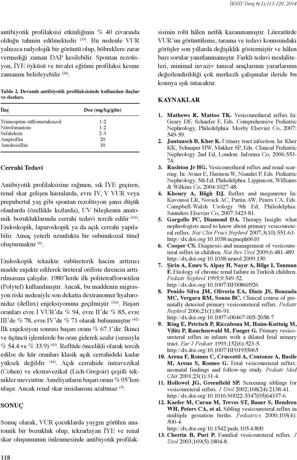 İlaç Trimeoprim-sülfometaksazol Nitrofurantoin Sefaleksin Ampisillin Amoksisillin Cerrahi Tedavi Antibiyotik profilaksisine rağmen, sık İYE geçiren, renal skar gelişen hastalarda, evre IV, V VUR veya