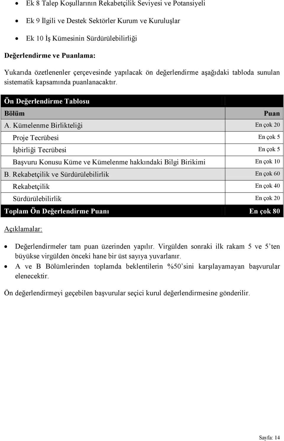 Kümelenme Birlikteliği En çok 20 Proje Tecrübesi En çok 5 İşbirliği Tecrübesi En çok 5 Başvuru Konusu Küme ve Kümelenme hakkındaki Bilgi Birikimi En çok 10 B.