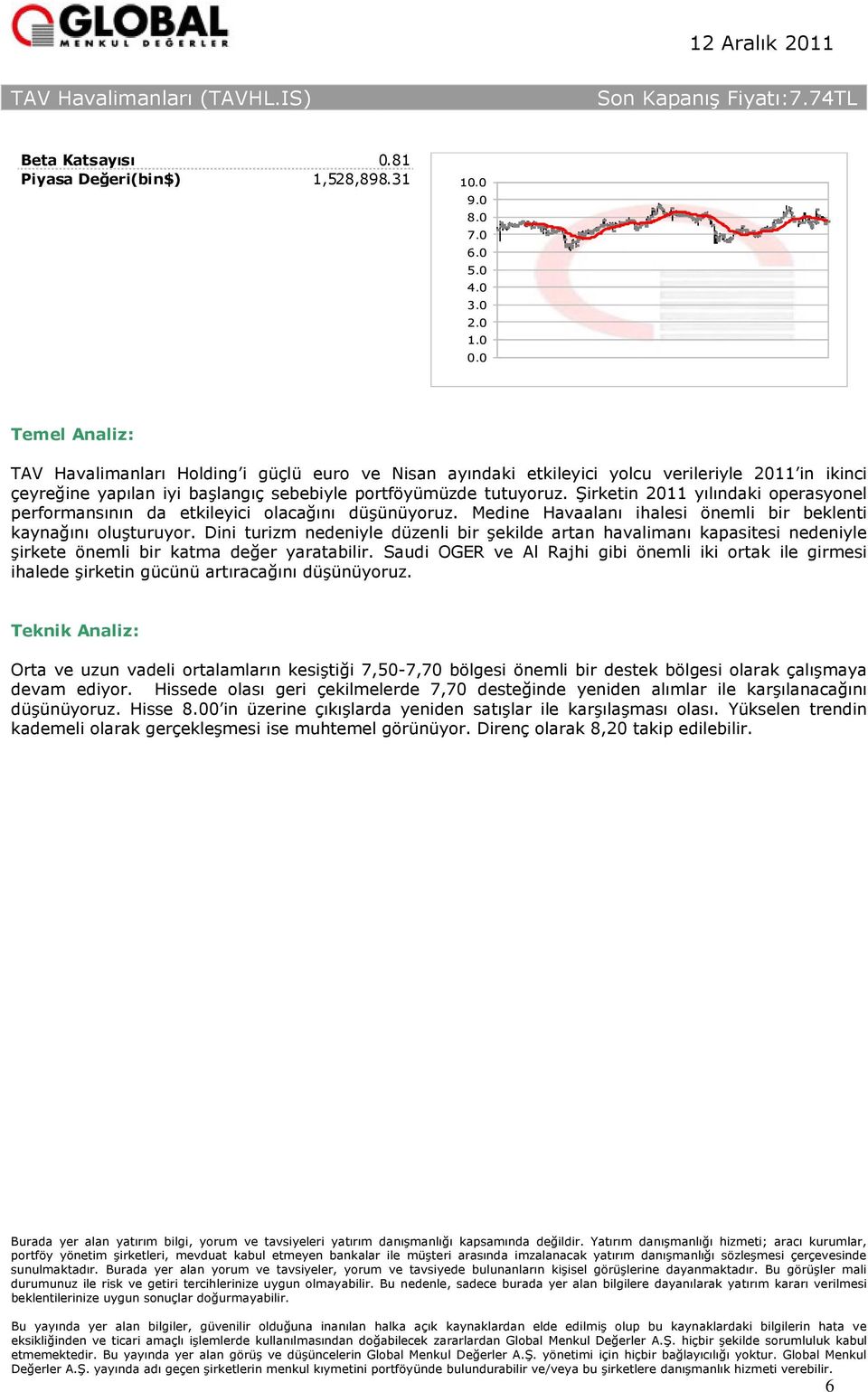 Şirketin 2011 yılındaki operasyonel performansının da etkileyici olacağını düşünüyoruz. Medine Havaalanı ihalesi önemli bir beklenti kaynağını oluşturuyor.