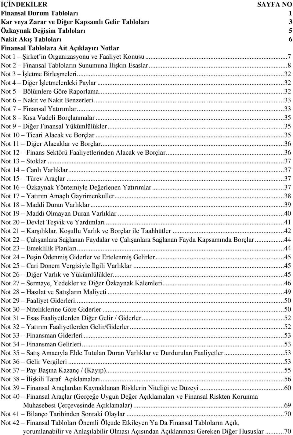 .. 32 Not 5 Bölümlere Göre Raporlama... 32 Not 6 Nakit ve Nakit Benzerleri... 33 Not 7 Finansal Yatırımlar... 33 Not 8 Kısa Vadeli Borçlanmalar... 35 Not 9 Diğer Finansal Yükümlülükler.