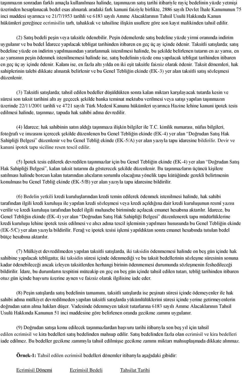 ve tahsiline ilişkin usullere göre son kayıt malikinden tahsil edilir. (2) Satış bedeli peşin veya taksitle ödenebilir.