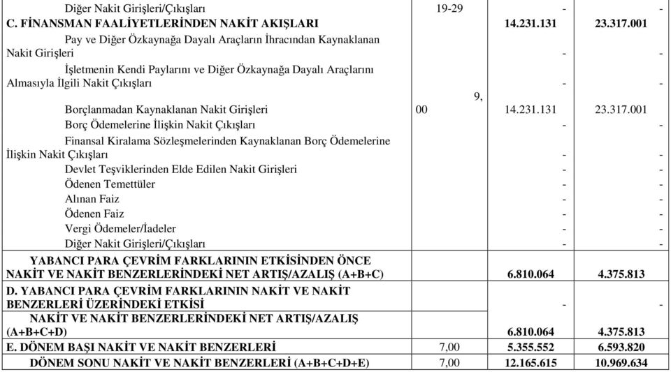 Borçlanmadan Kaynaklanan Nakit Girişleri 00 14.231.131 23.317.