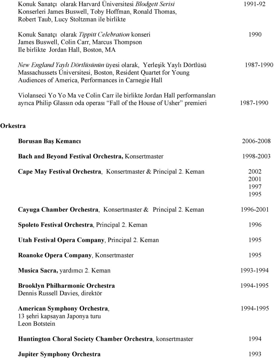 Üniversitesi, Boston, Resident Quartet for Young Audiences of America, Performances in Carnegie Hall Violanseci Yo Yo Ma ve Colin Carr ile birlikte Jordan Hall performansları ayrıca Philip Glassın