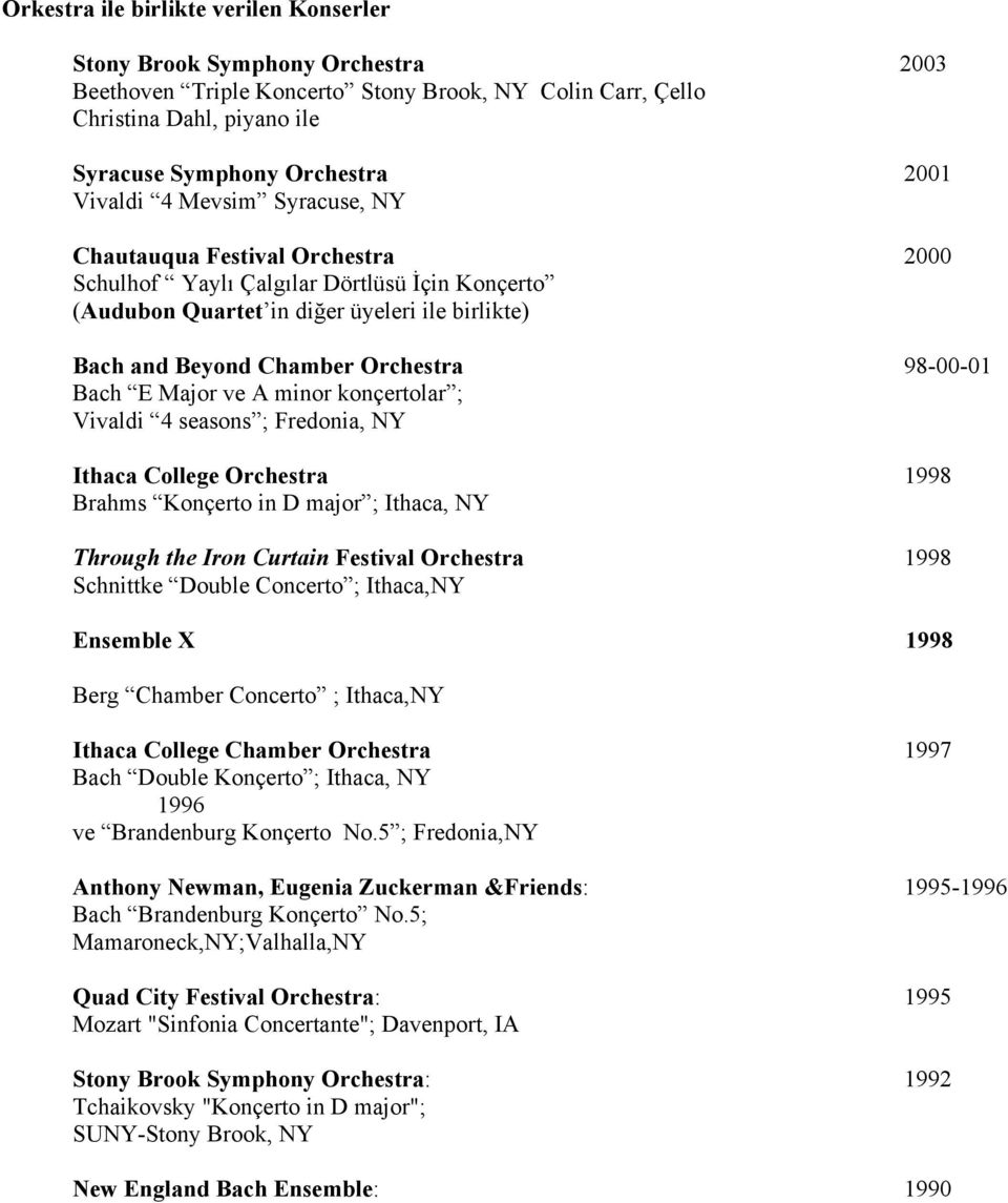 98-00-01 Bach E Major ve A minor konçertolar ; Vivaldi 4 seasons ; Fredonia, NY Ithaca College Orchestra 1998 Brahms Konçerto in D major ; Ithaca, NY Through the Iron Curtain Festival Orchestra 1998