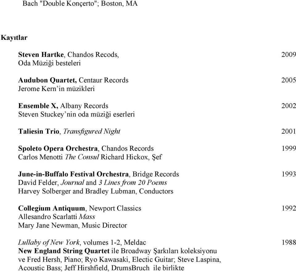 Orchestra, Bridge Records 1993 David Felder, Journal and 3 Lines from 20 Poems Harvey Solberger and Bradley Lubman, Conductors Collegium Antiquum, Newport Classics 1992 Allesandro Scarlatti Mass Mary