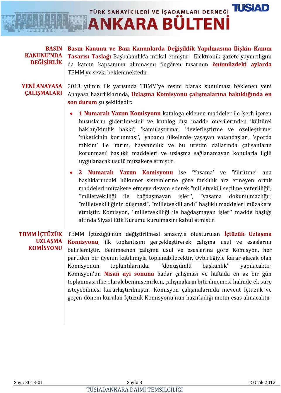 2013 yılının ilk yarısında TBMM ye resmi olarak sunulması beklenen yeni Anayasa hazırlıklarında, Uzlaşma çalışmalarına bakıldığında en son durum şu şekildedir: 1 Numaralı Yazım kataloga eklenen