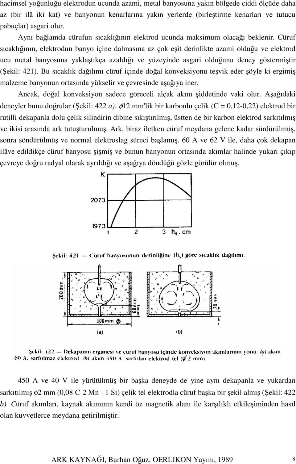 Cüruf sıcaklıının, elektrodun banyo içine dalmasına az çok eit derinlikte azami olduu ve elektrod ucu metal banyosuna yaklatıkça azaldıı ve yüzeyinde asgari olduunu deney göstermitir (ekil: 421).