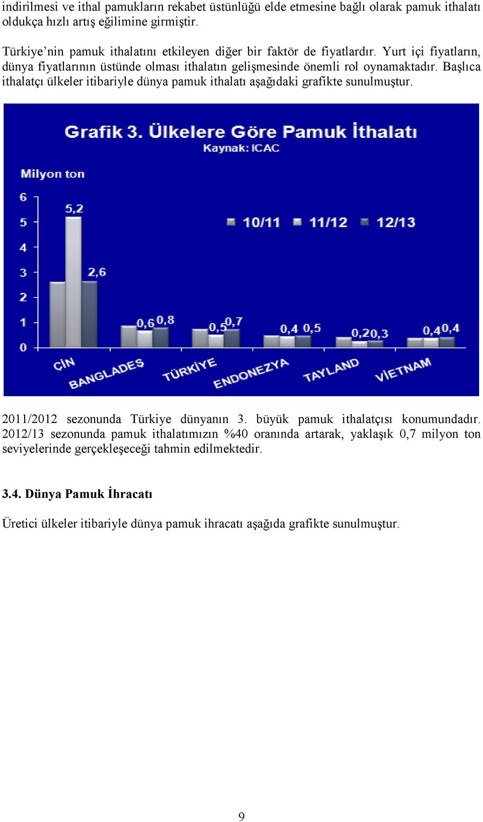 Başlıca ithalatçı ülkeler itibariyle dünya pamuk ithalatı aşağıdaki grafikte sunulmuştur. 2011/2012 sezonunda Türkiye dünyanın 3. büyük pamuk ithalatçısı konumundadır.