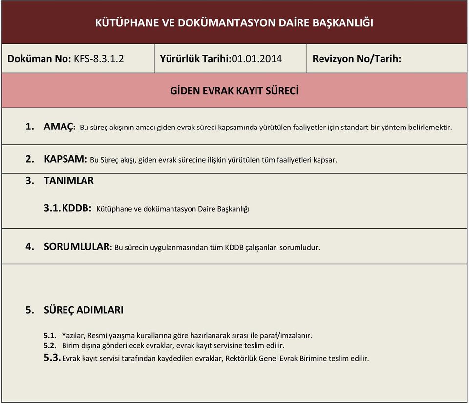 KAPSAM: Bu Süreç akışı, giden evrak sürecine ilişkin yürütülen tüm faaliyetleri kapsar. 3. TANIMLAR 3.1. KDDB: Kütüphane ve dokümantasyon Daire Başkanlığı 4.