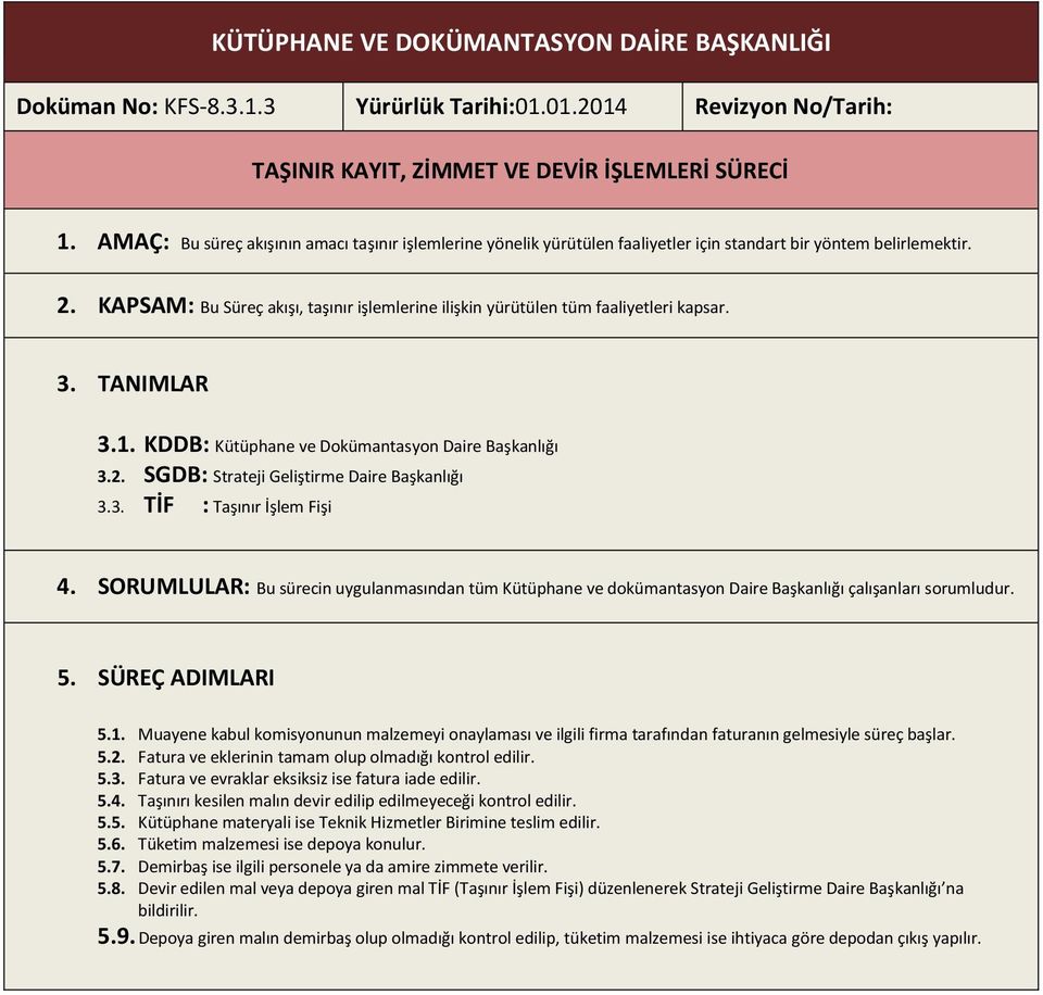 KAPSAM: Bu Süreç akışı, taşınır işlemlerine ilişkin yürütülen tüm faaliyetleri kapsar. 3. TANIMLAR 3.1. KDDB: Kütüphane ve Dokümantasyon Daire Başkanlığı 3.2.