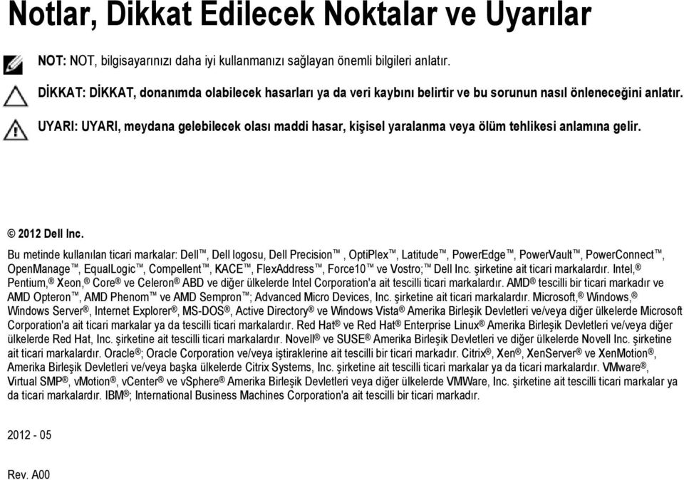 UYARI: UYARI, meydana gelebilecek olası maddi hasar, kişisel yaralanma veya ölüm tehlikesi anlamına gelir. 2012 Dell Inc.