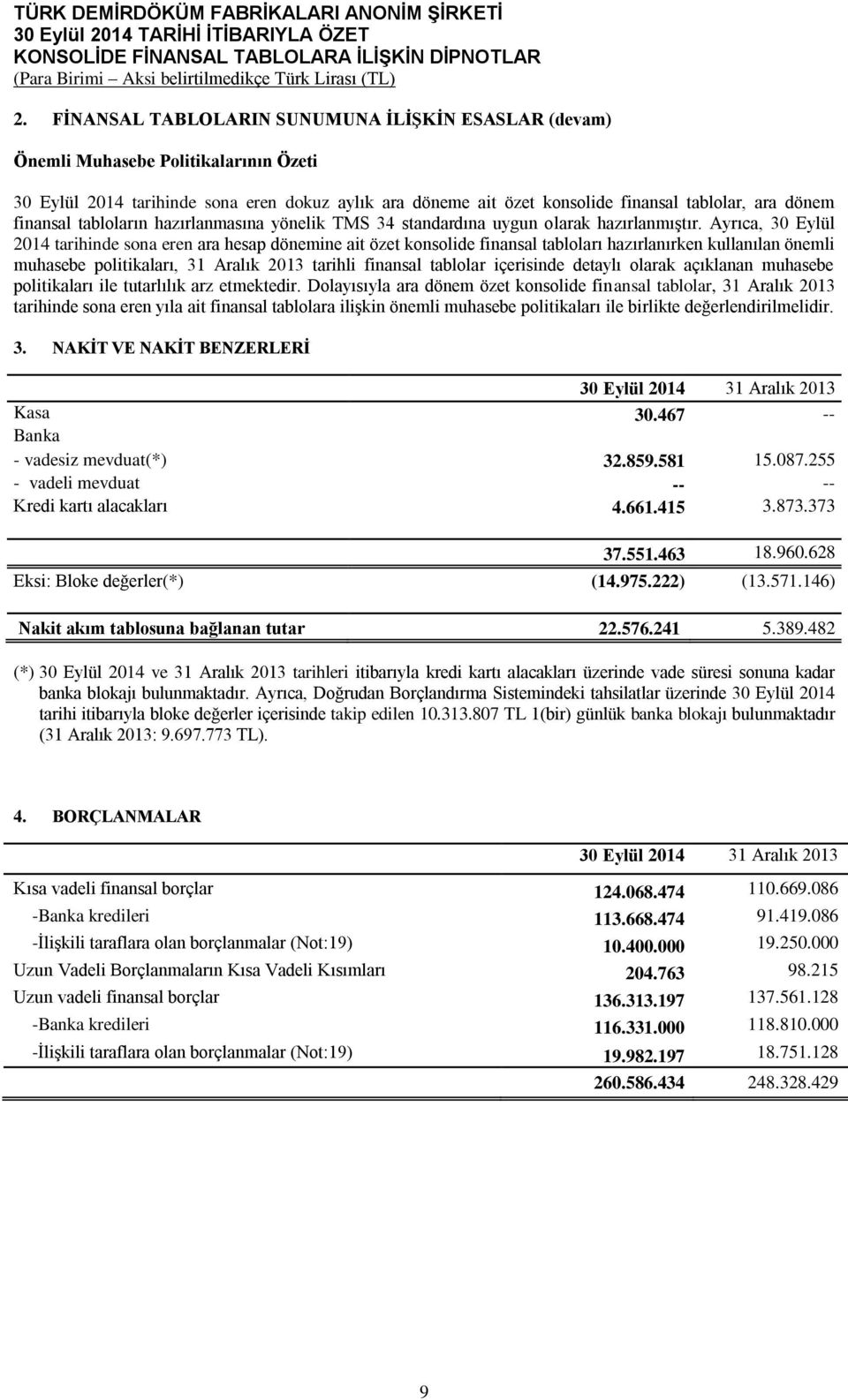 Ayrıca, 30 Eylül 2014 tarihinde sona eren ara hesap dönemine ait özet konsolide finansal tabloları hazırlanırken kullanılan önemli muhasebe politikaları, 31 Aralık 2013 tarihli finansal tablolar