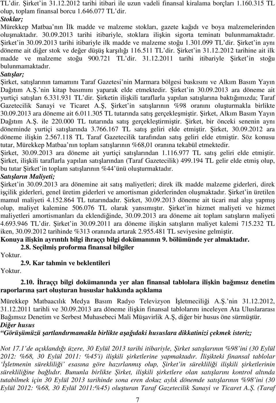 Şirket in 30.09.2013 tarihi itibariyle ilk madde ve malzeme stoğu 1.301.099 TL dir. Şirket in aynı döneme ait diğer stok ve değer düşüş karşılığı 116.511 TL dir. Şirket in 31.12.