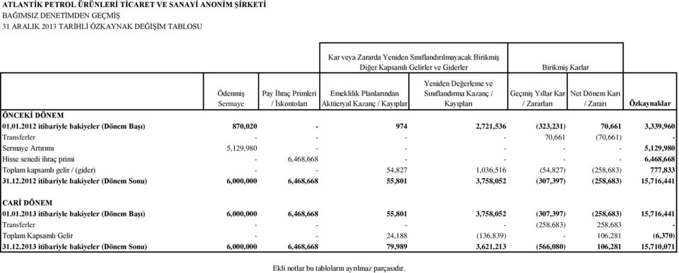 GeçmiĢ Yıllar Kar / Zararları Net Dönem Karı / Zararı Özkaynaklar ÖNCEKİ DÖNEM 01.