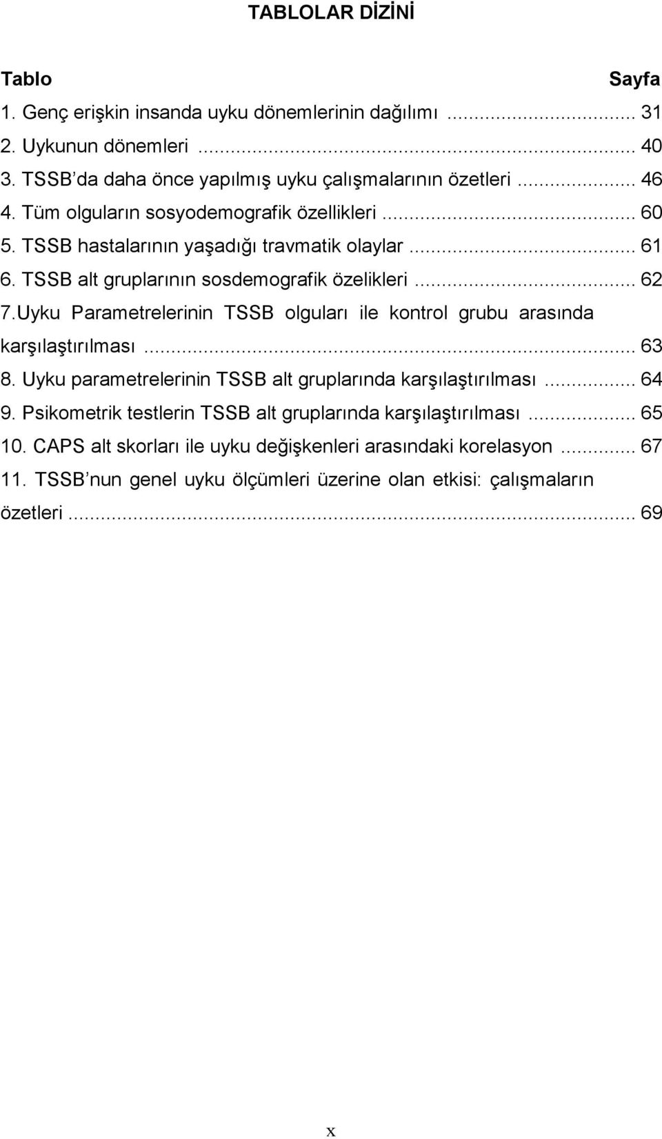 Uyku Parametrelerinin TSSB olguları ile kontrol grubu arasında karşılaştırılması... 63 8. Uyku parametrelerinin TSSB alt gruplarında karşılaştırılması... 64 9.