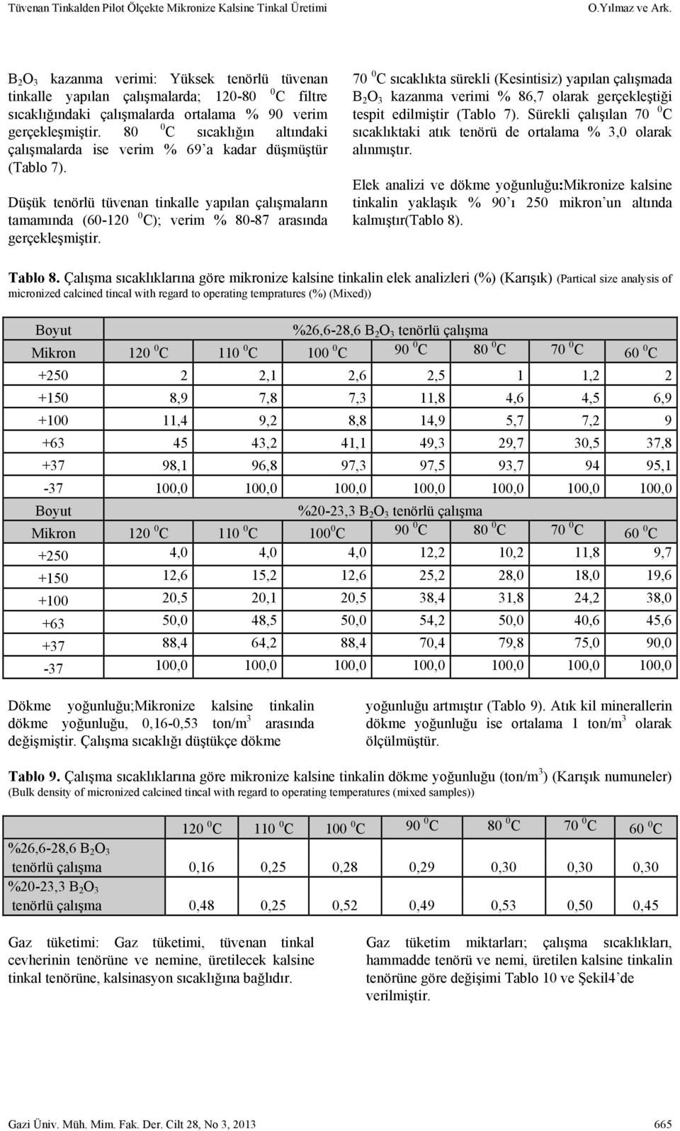 80 0 C sıcaklığın altındaki çalışmalarda ise verim % 69 a kadar düşmüştür (Tablo 7). Düşük tenörlü tüvenan tinkalle yapılan çalışmaların tamamında (60-120 0 C); verim % 80-87 arasında gerçekleşmiştir.