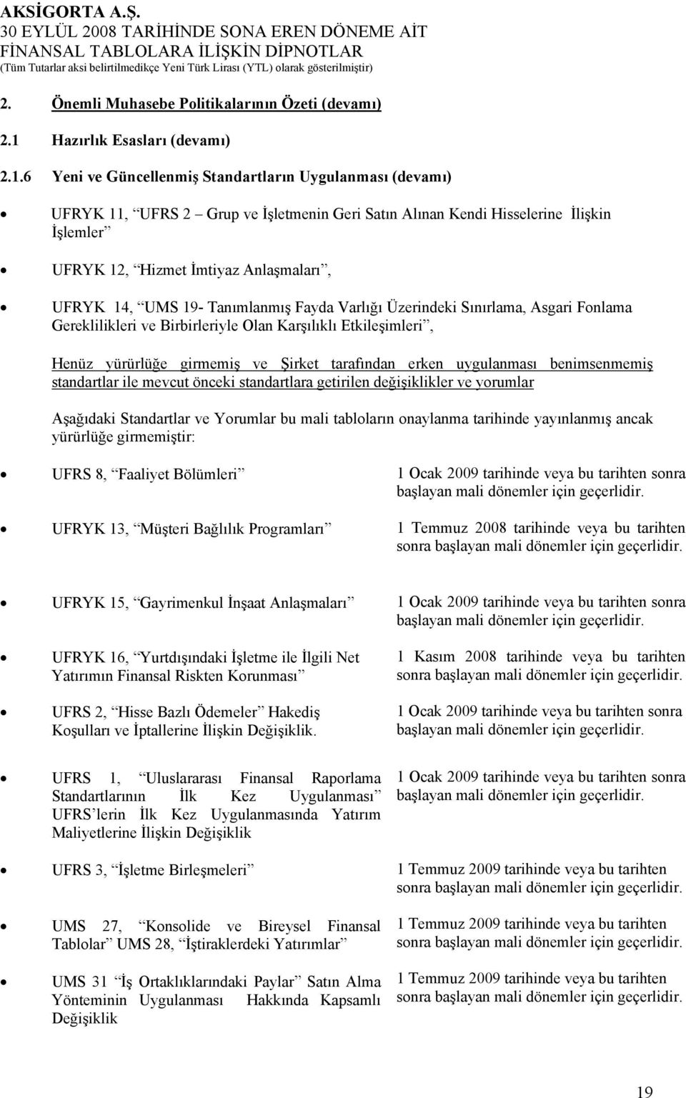 6 Yeni ve Güncellenmiş Standartların Uygulanması (devamı) UFRYK 11, UFRS 2 Grup ve İşletmenin Geri Satın Alınan Kendi Hisselerine İlişkin İşlemler UFRYK 12, Hizmet İmtiyaz Anlaşmaları, UFRYK 14, UMS