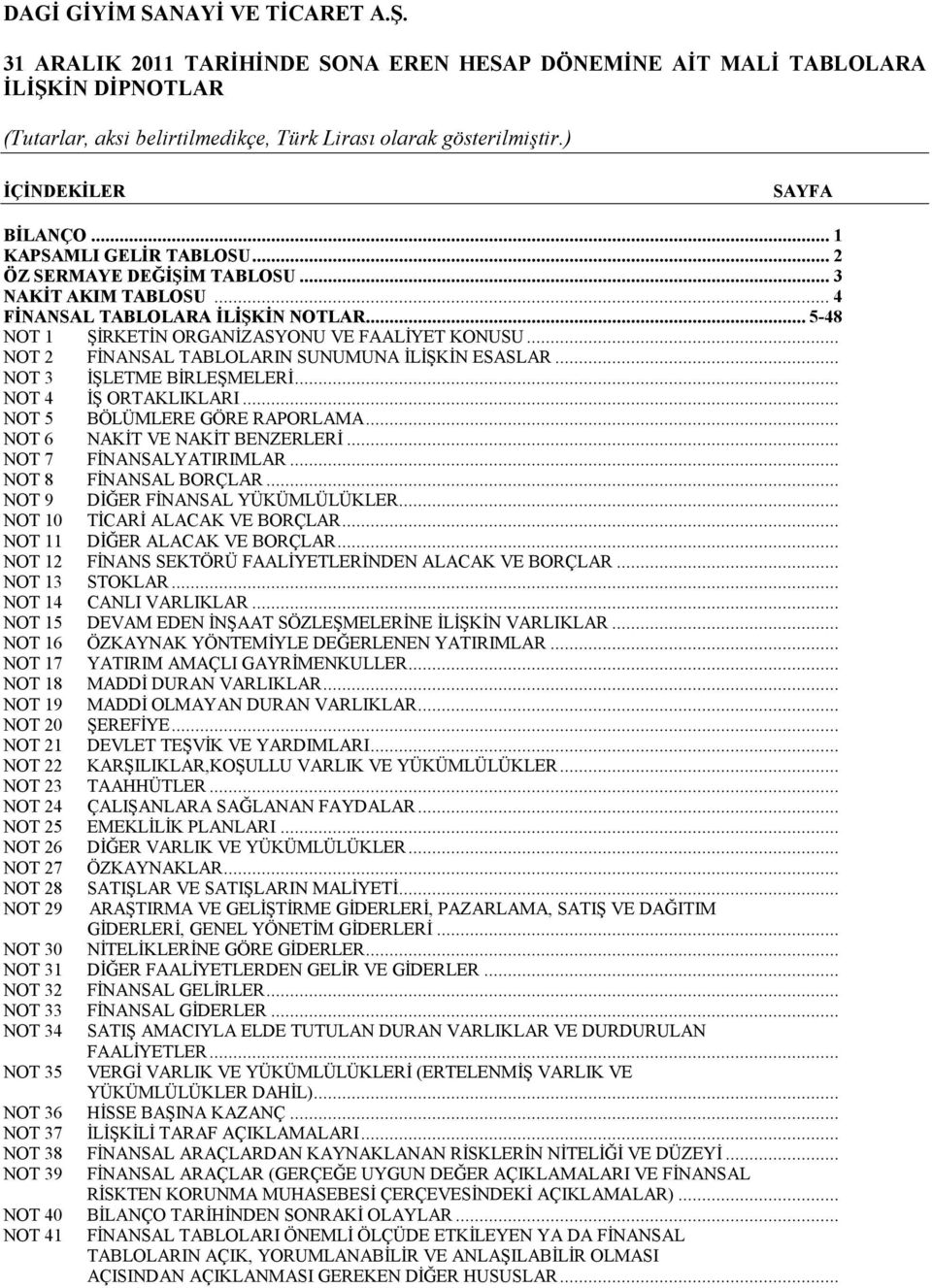 .. NOT 6 NAKİT VE NAKİT BENZERLERİ... NOT 7 FİNANSALYATIRIMLAR... NOT 8 FİNANSAL BORÇLAR... NOT 9 DİĞER FİNANSAL YÜKÜMLÜLÜKLER... NOT 10 TİCARİ ALACAK VE BORÇLAR... NOT 11 DİĞER ALACAK VE BORÇLAR.