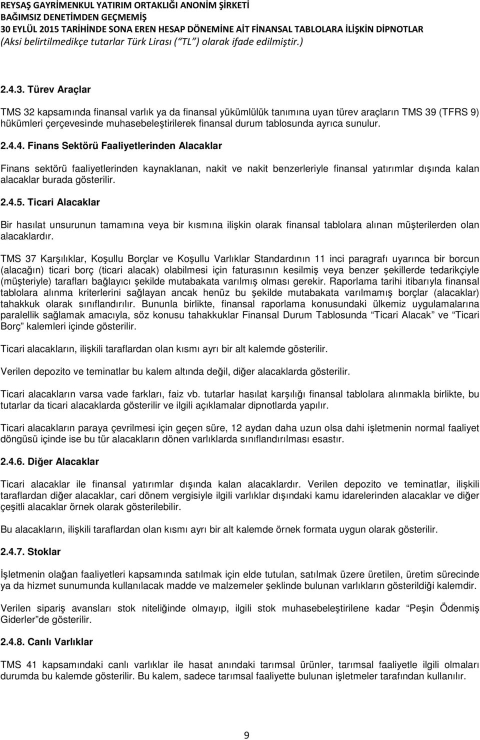 sunulur. 2.4.4. Finans Sektörü Faaliyetlerinden Alacaklar Finans sektörü faaliyetlerinden kaynaklanan, nakit ve nakit benzerleriyle finansal yatırımlar dışında kalan alacaklar burada gösterilir. 2.4.5.