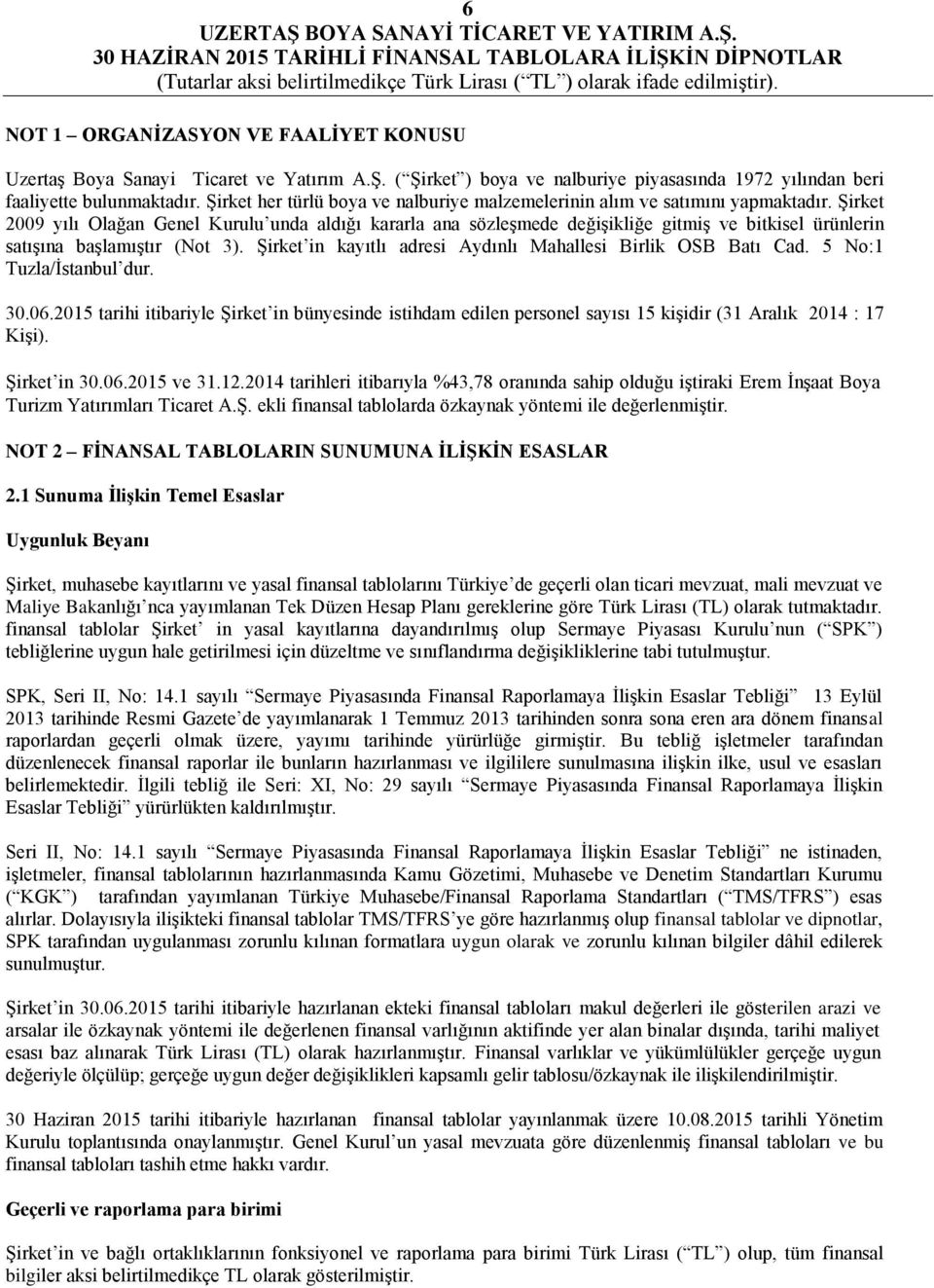 Şirket 2009 yılı Olağan Genel Kurulu unda aldığı kararla ana sözleşmede değişikliğe gitmiş ve bitkisel ürünlerin satışına başlamıştır (Not 3).