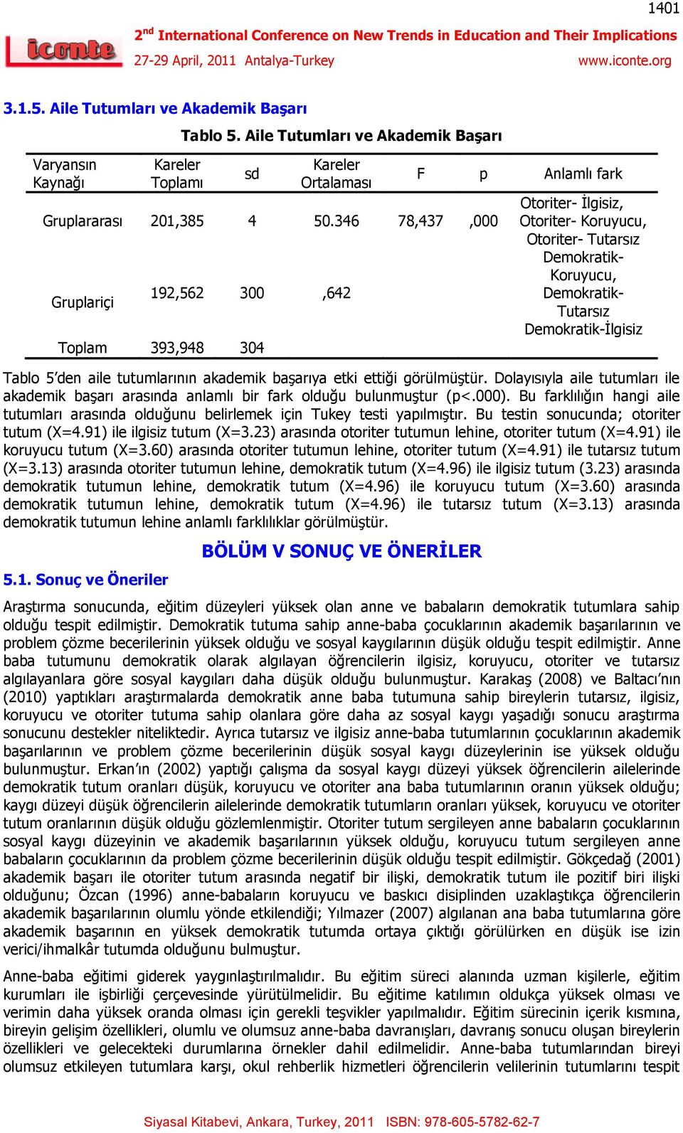 akademik baģarıya etki ettiği görülmüģtür. Dolayısıyla aile tutumları ile akademik baģarı arasında anlamlı bir fark olduğu bulunmuģtur (p<.000).